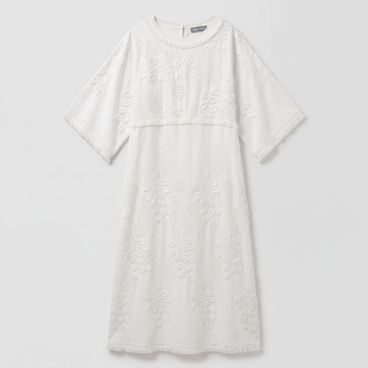White Embroidered Fringe Midi Dress