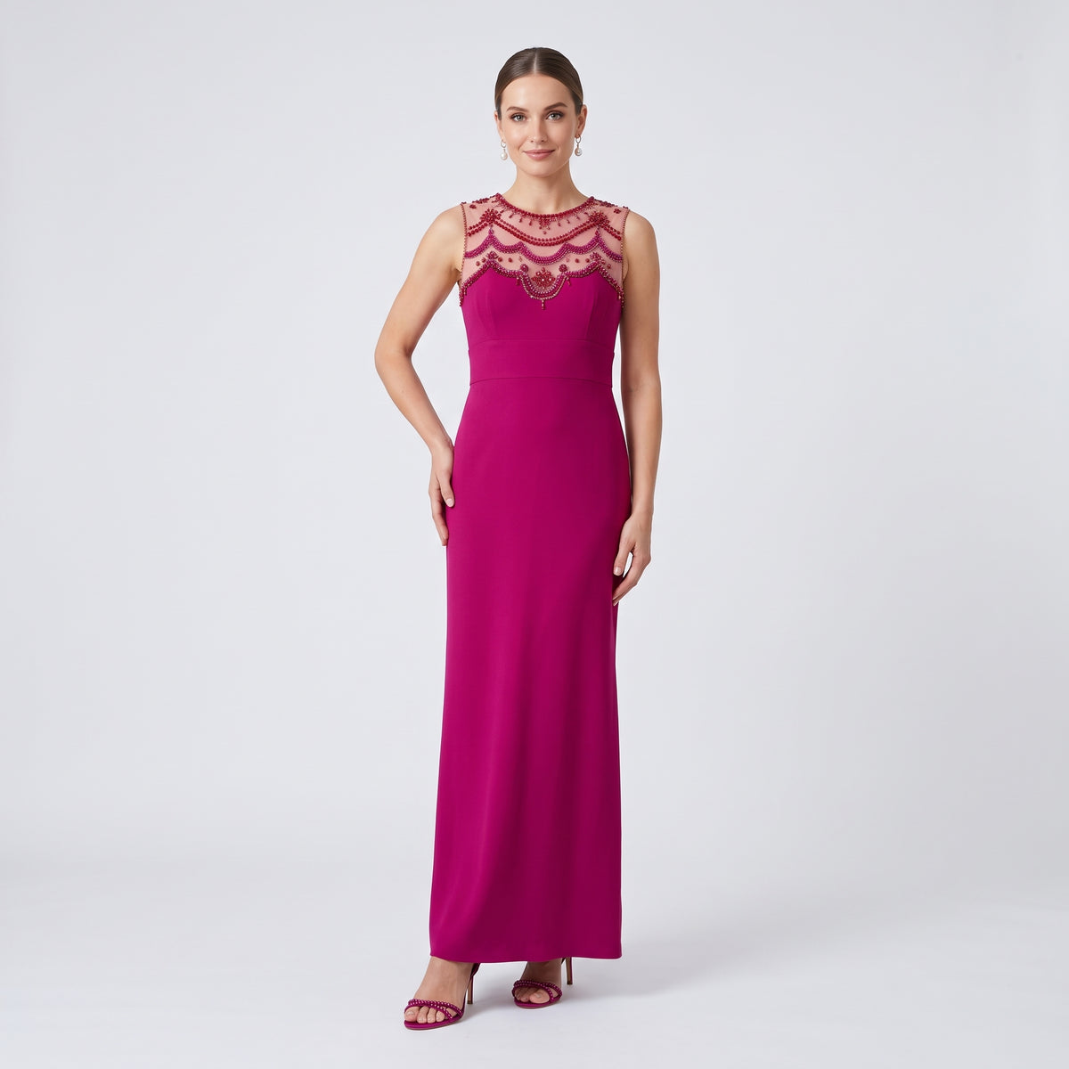 Fuchsia Beaded Illusion Neck Gown