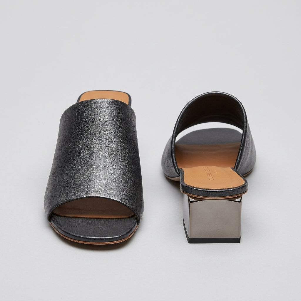 Sleek Metallic Block Heel Slides