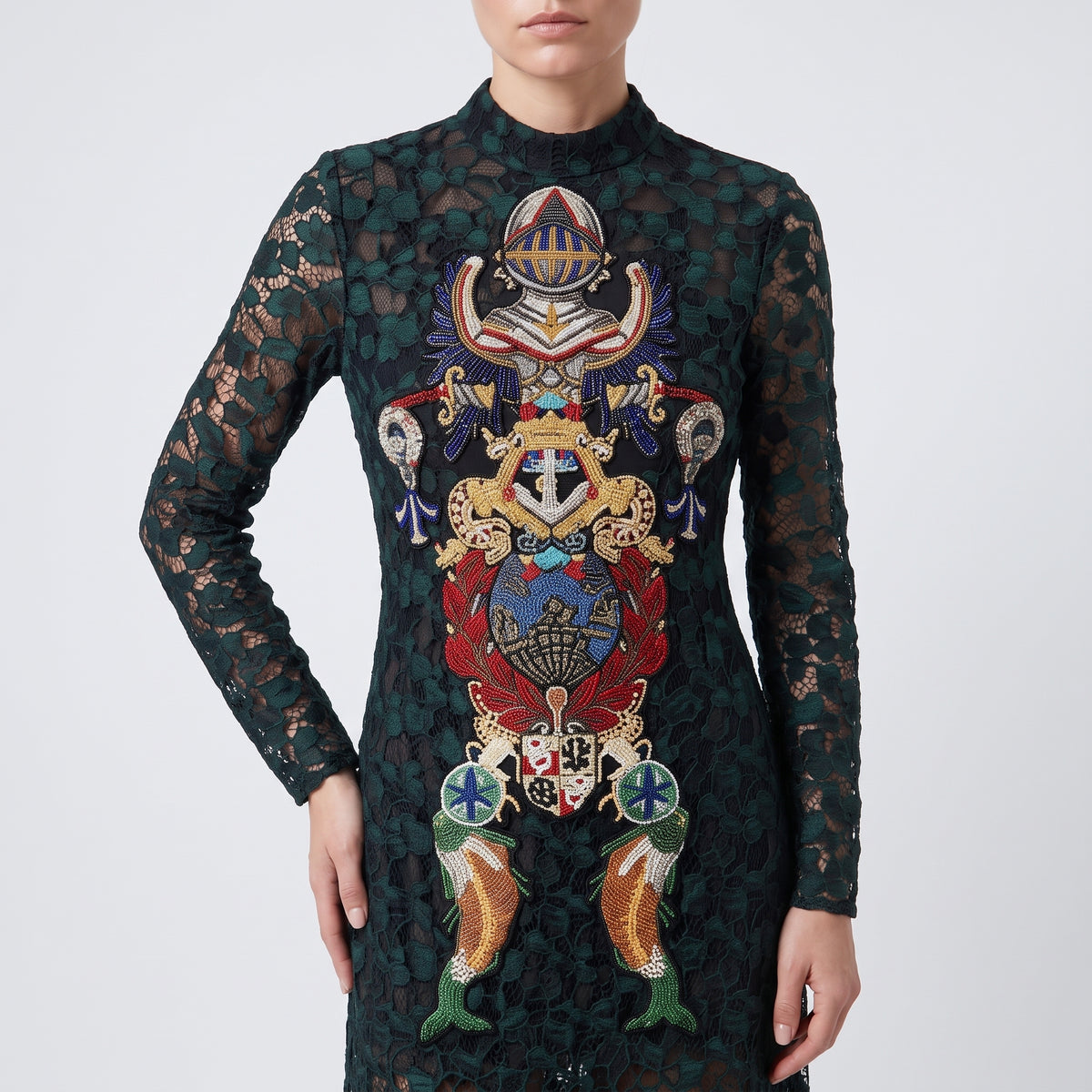Beaded Emblem Lace Maxi Dress