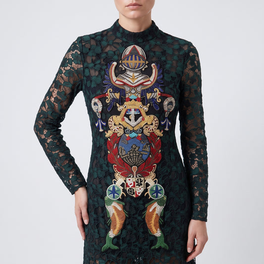 Beaded Emblem Lace Maxi Dress