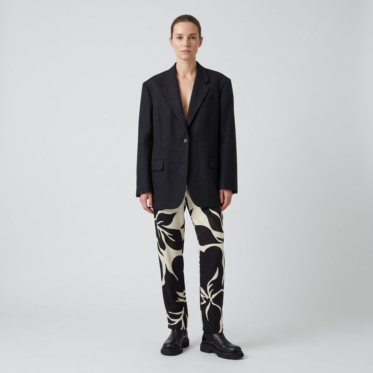 Monochrome Leaf Print Trousers