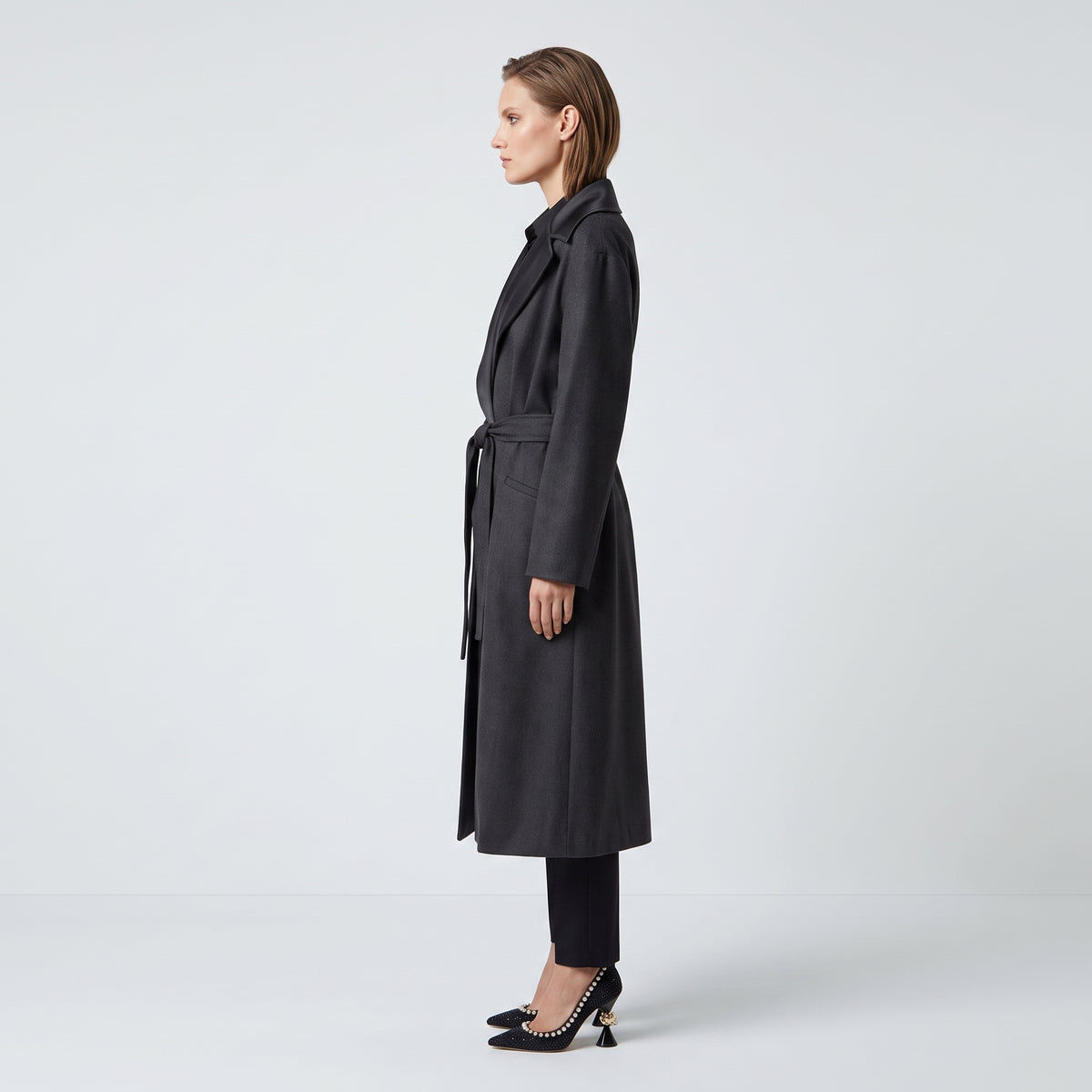 Satin Lapel Belted Wool Coat