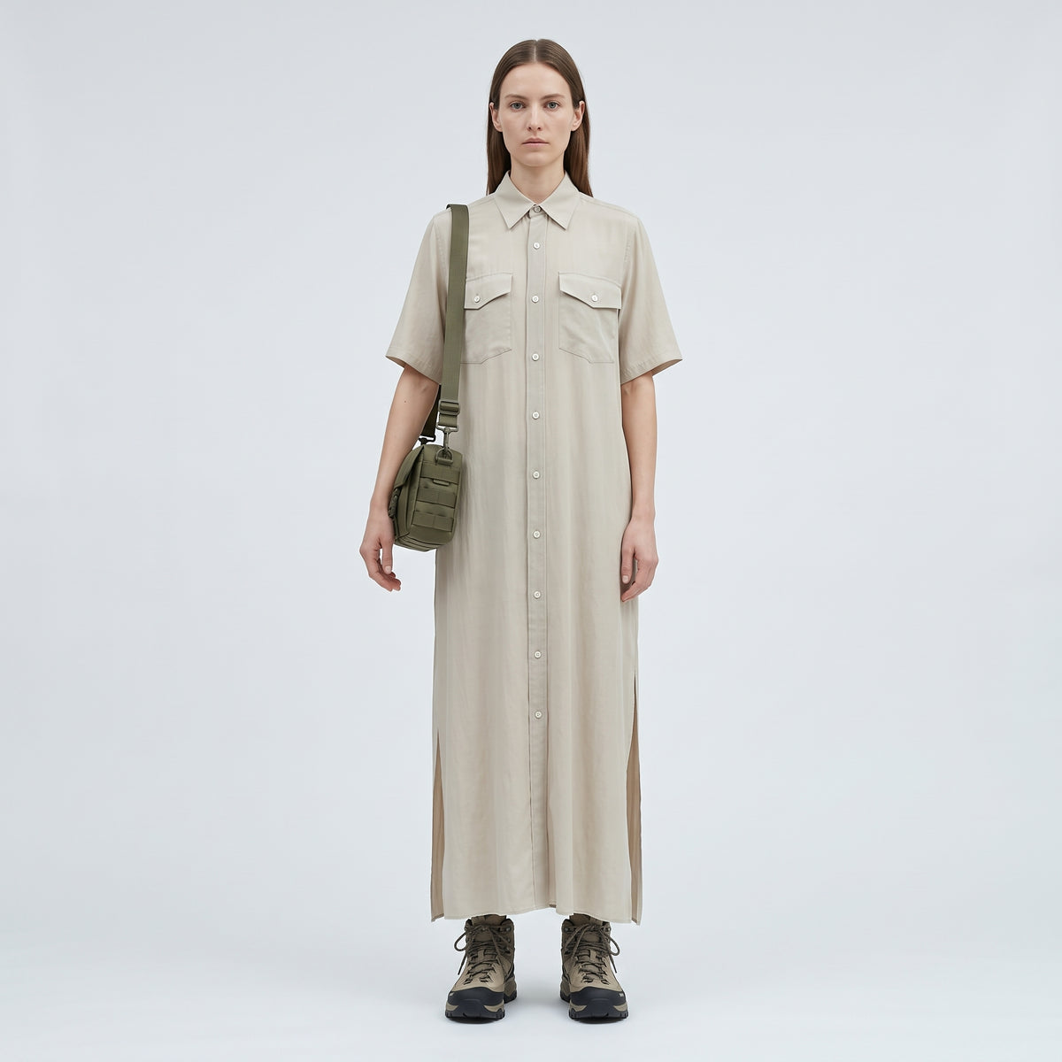 HYKE Minimalist Beige Utility Midi Dress - view 3