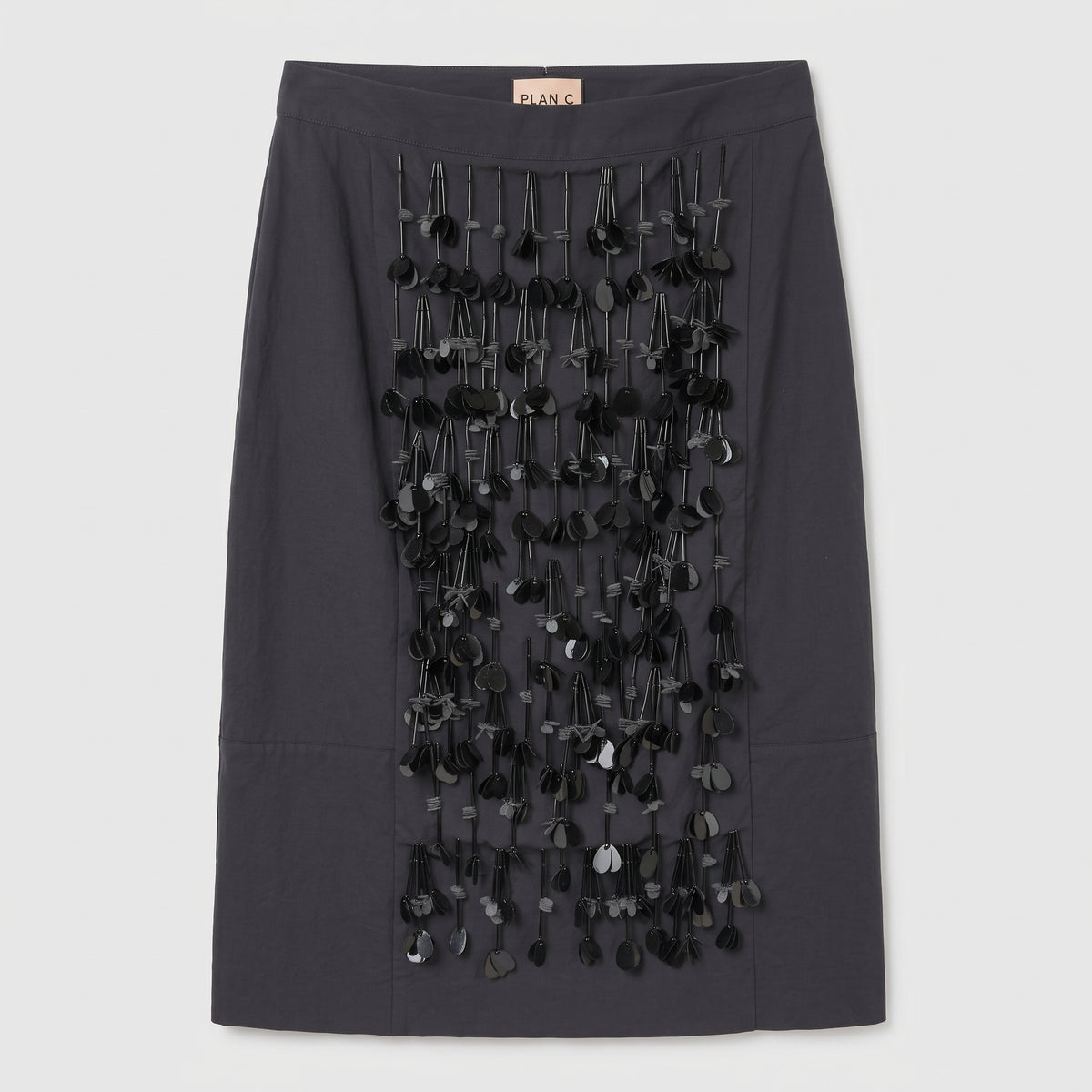 PLAN C Embellished Charcoal Midi Skirt