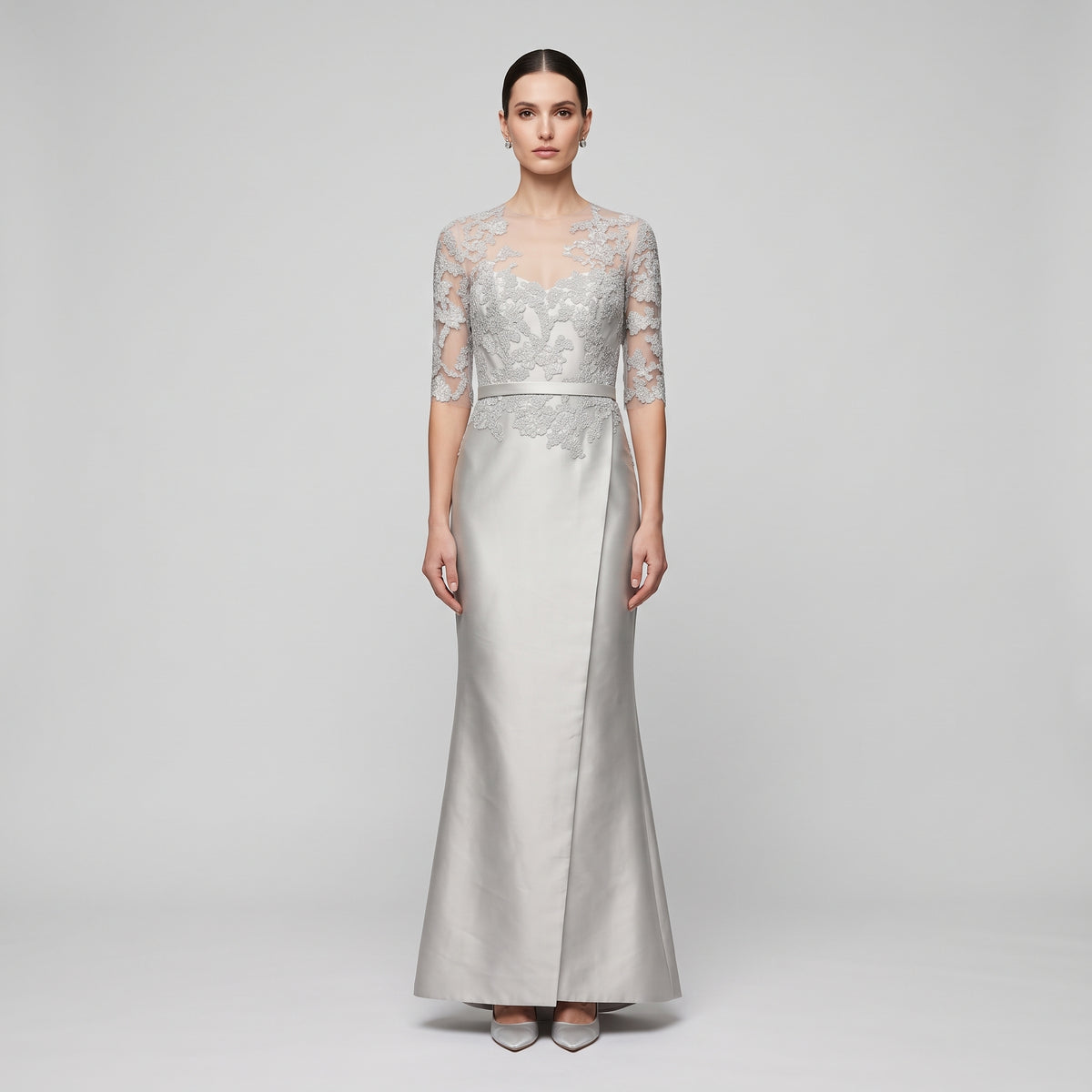 REEM ACRA Silver Lace Appliqué Evening Gown - view 3