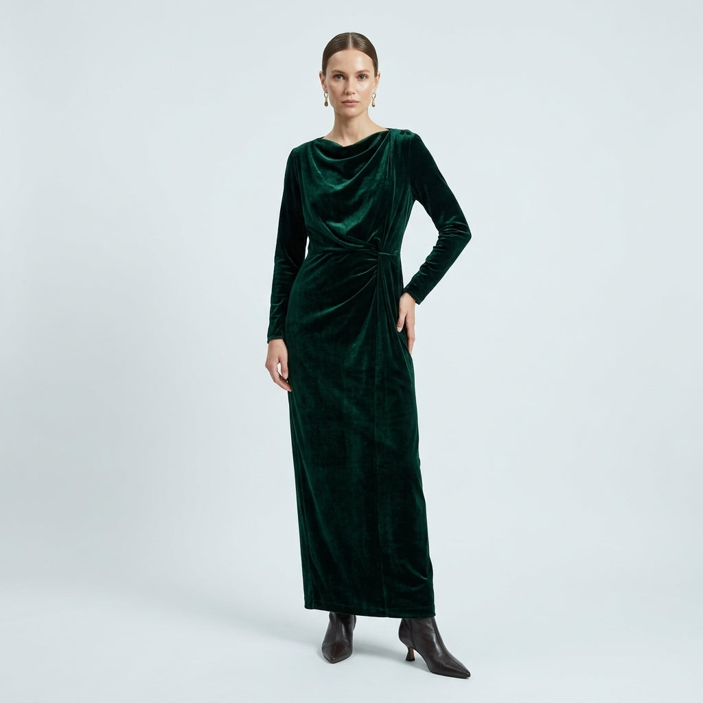 NATAN Draped Emerald Velvet Maxi Dress - view 2