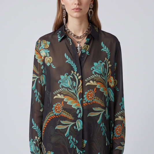 ETRO Black Floral Sheer Silk Shirt - view 2