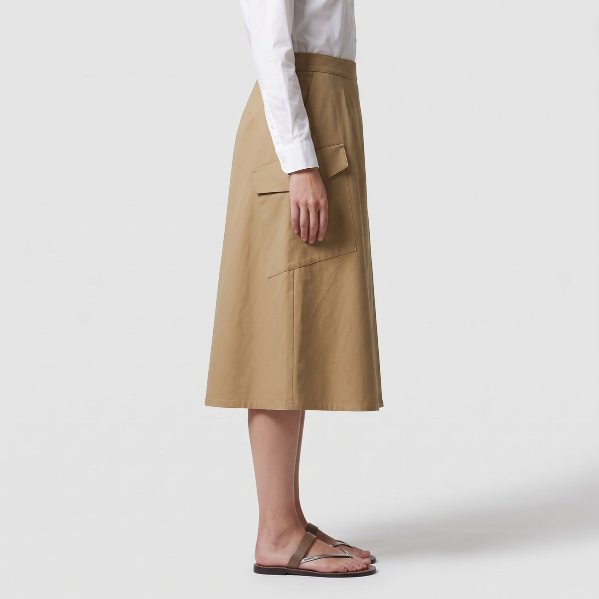 Beige Utility Wrap Midi Skirt
