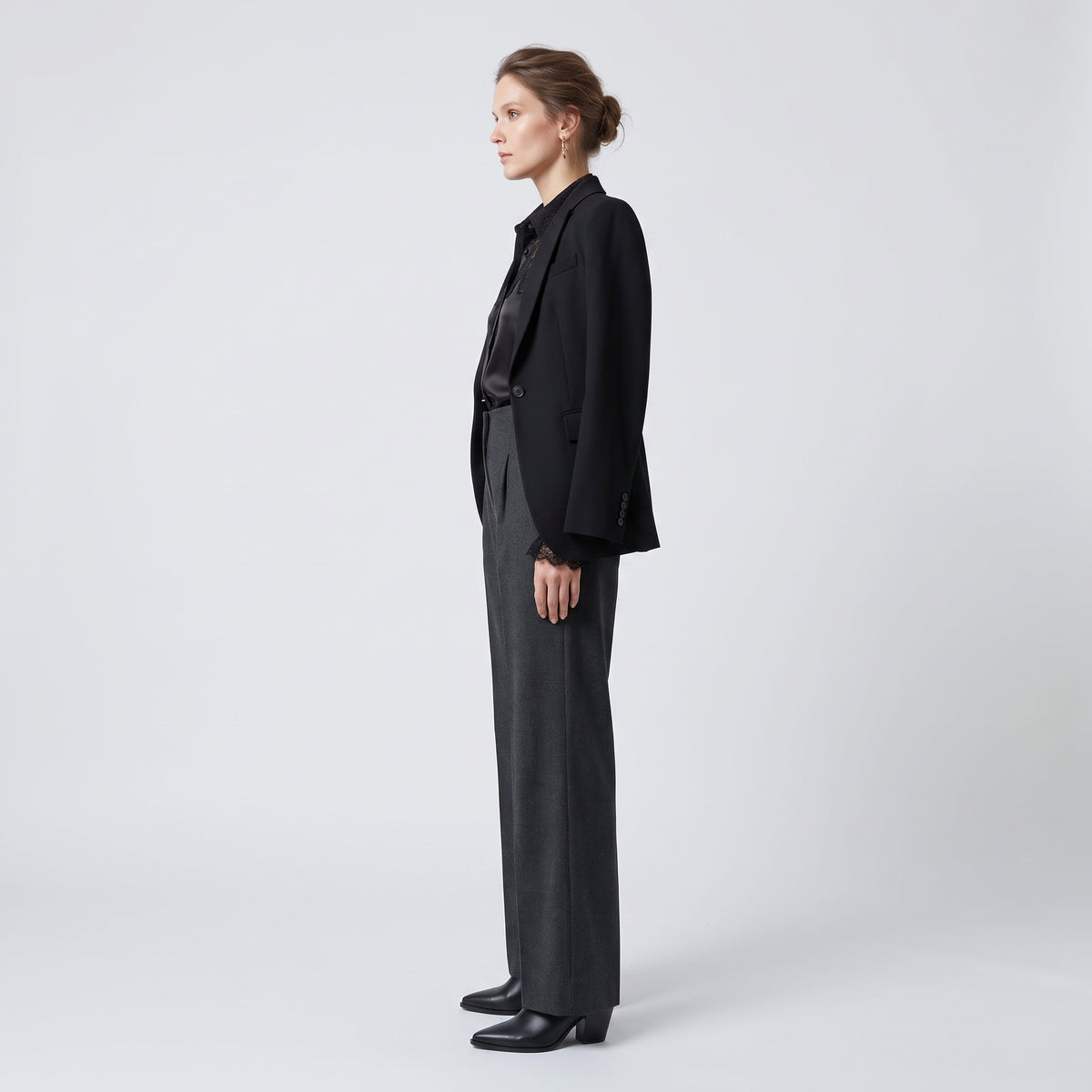 Pleated Grey Wide-Leg Trousers