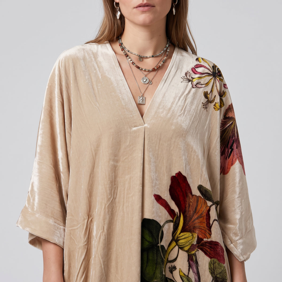 Floral Velvet V-Neck Kaftan Dress