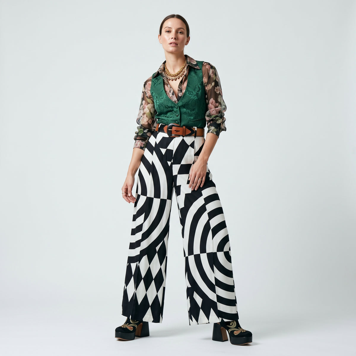 Optical Print Wide Leg Trousers