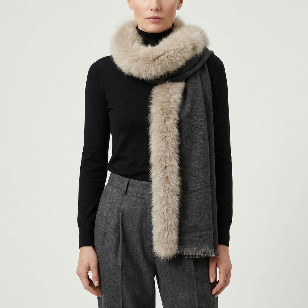 AMA PURE Fur Trimmed Dark Grey Cape - view 5