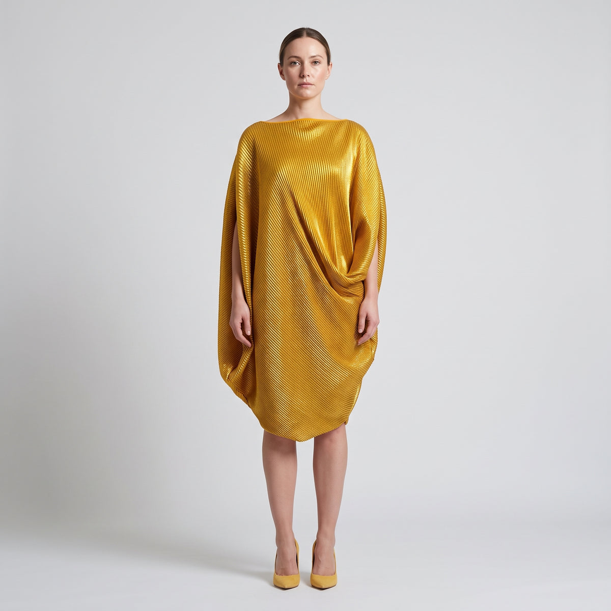 Sculptural Pleated Gold Metallic Dress