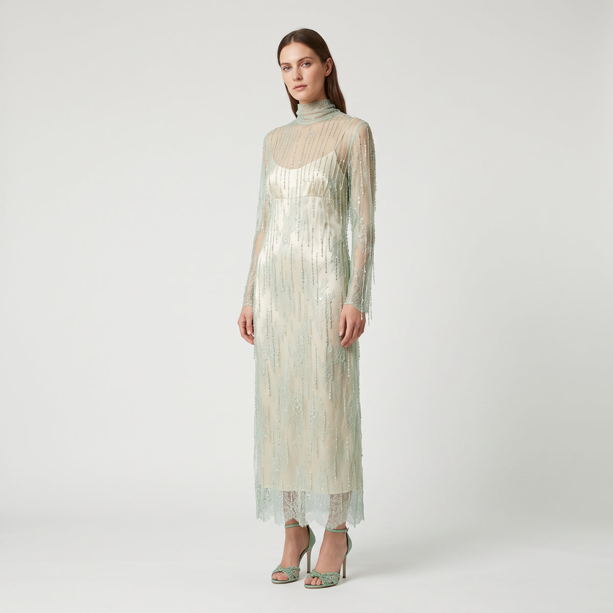 Beaded Mesh Layered Midi Dress