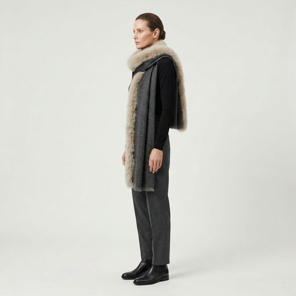 AMA PURE Fur Trimmed Dark Grey Cape - view 3