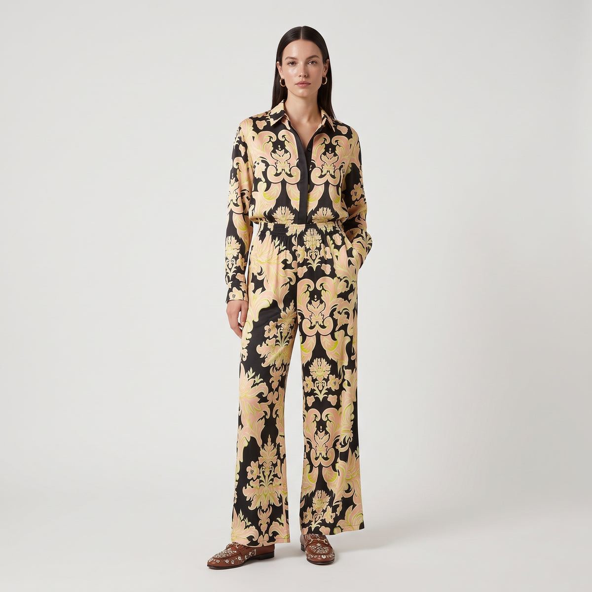 Baroque Print Wide-Leg Trousers