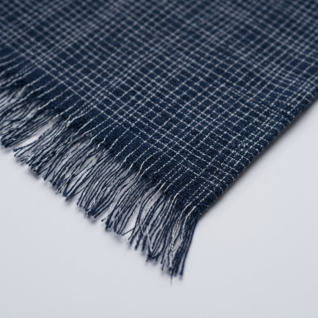 ESKANDAR Navy Grid Fringed Scarf - view 5