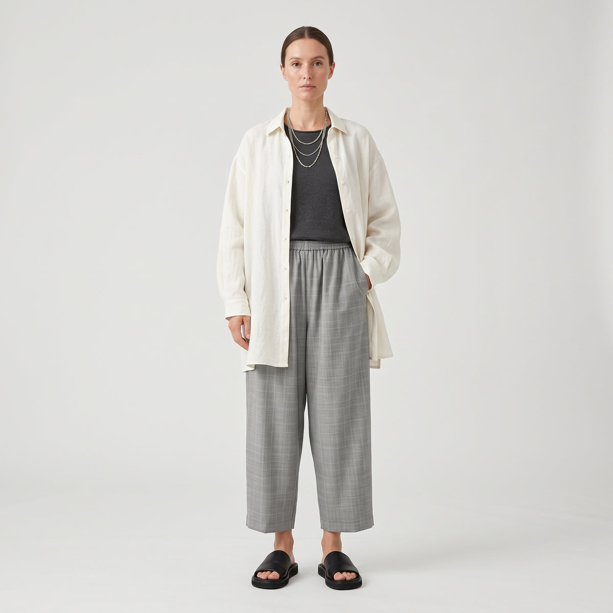 Grey Plaid Wide Leg Trousers