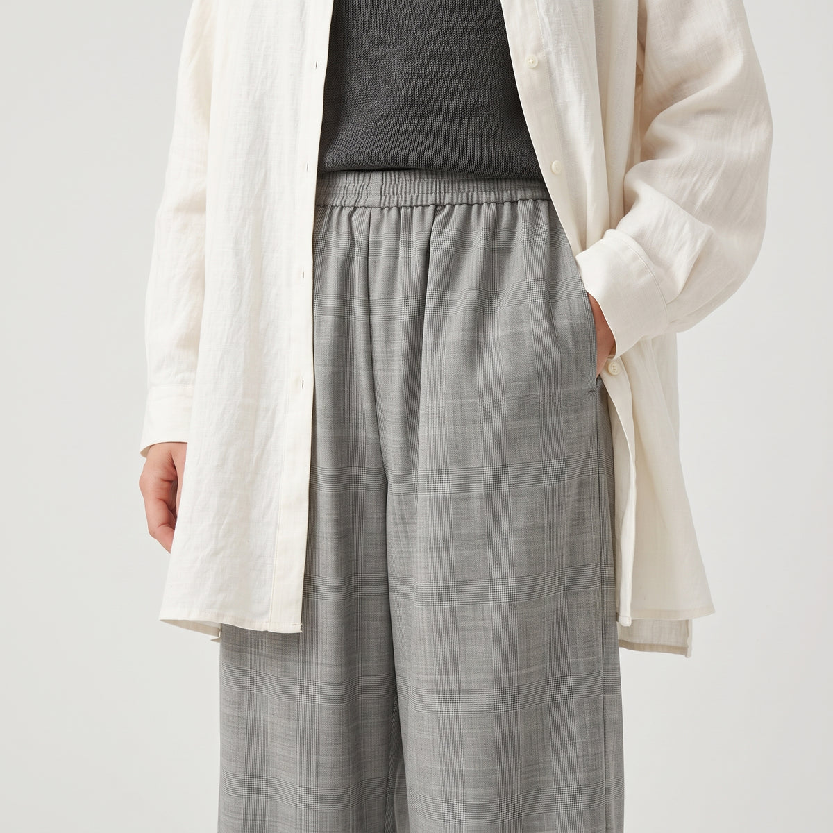 Grey Plaid Wide Leg Trousers