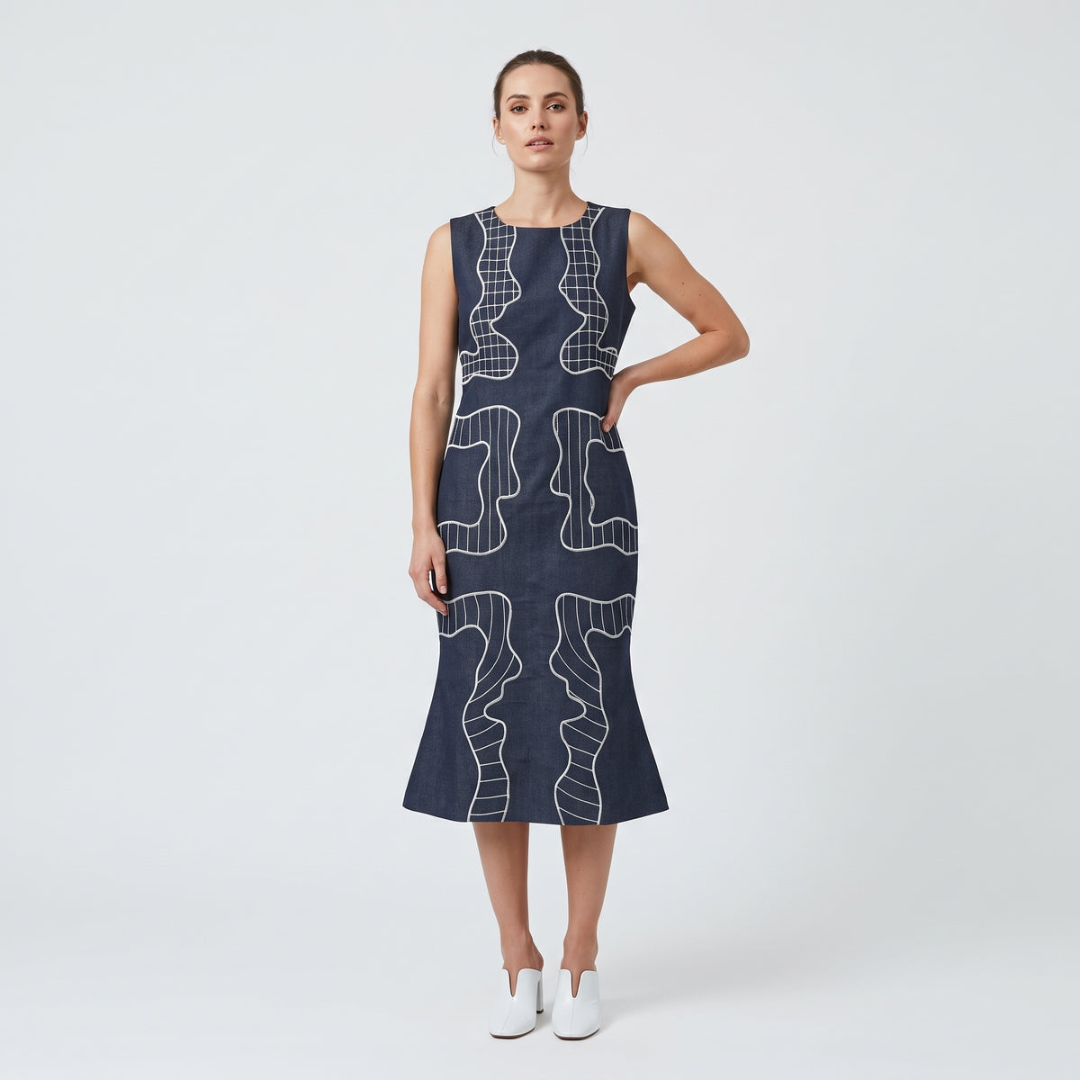 Navy Embroidered Abstract Fluted Dress