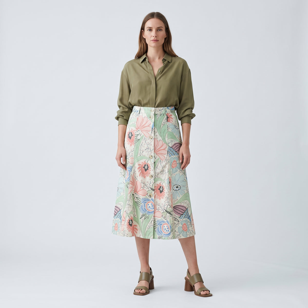 Floral Button Front A-Line Skirt