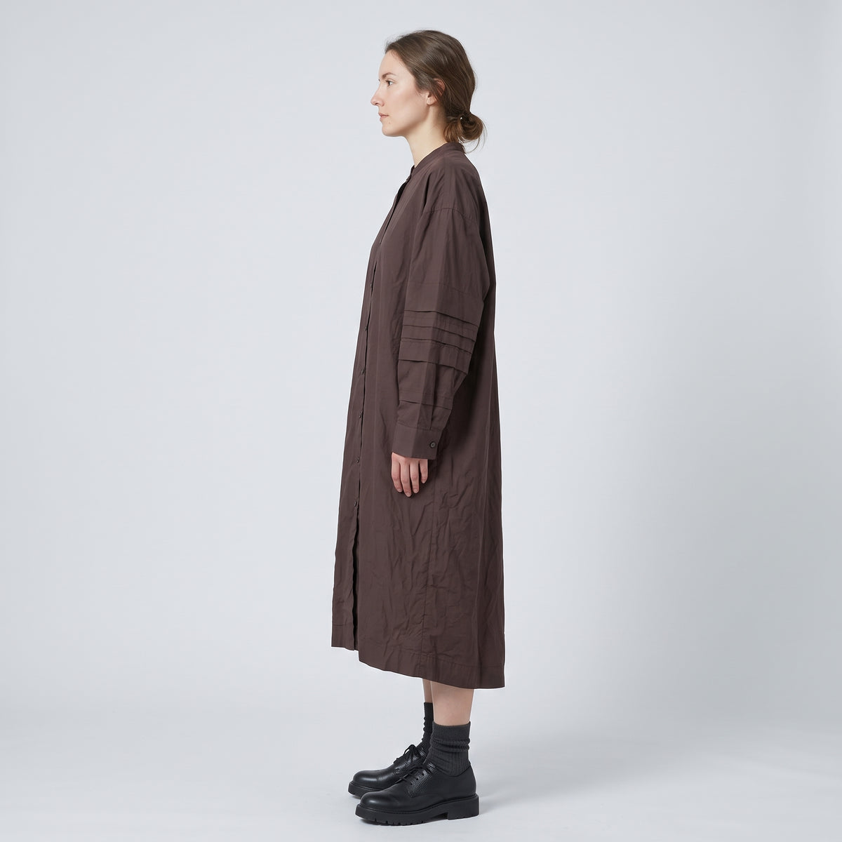 Wine Pleated Sleeve Shirt Dress