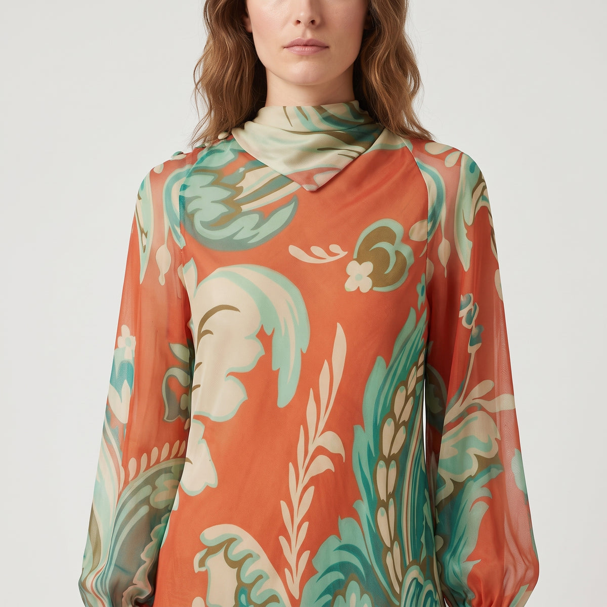 Orange Floral Silk Midi Dress