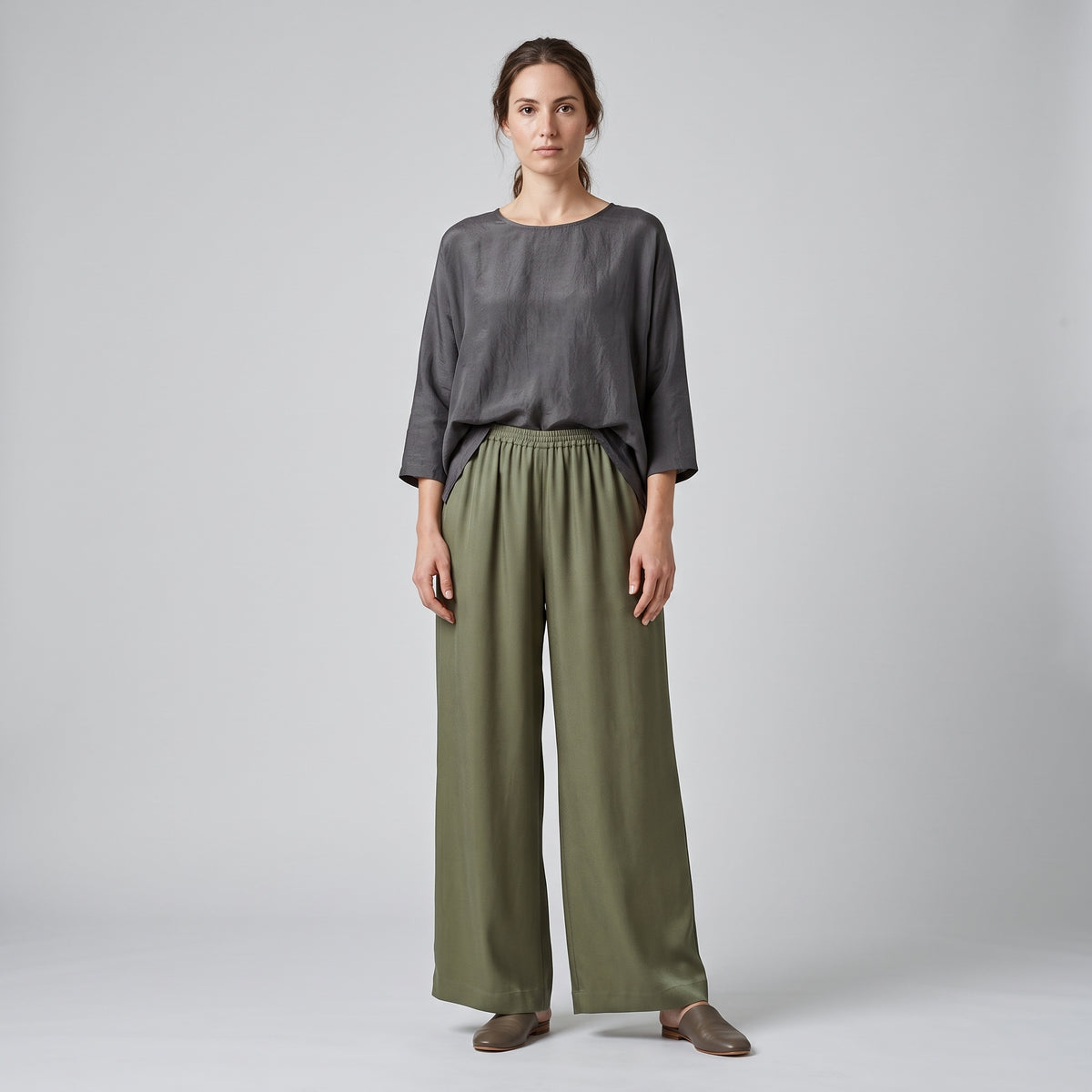 Wide-Leg Elasticated Olive Trousers