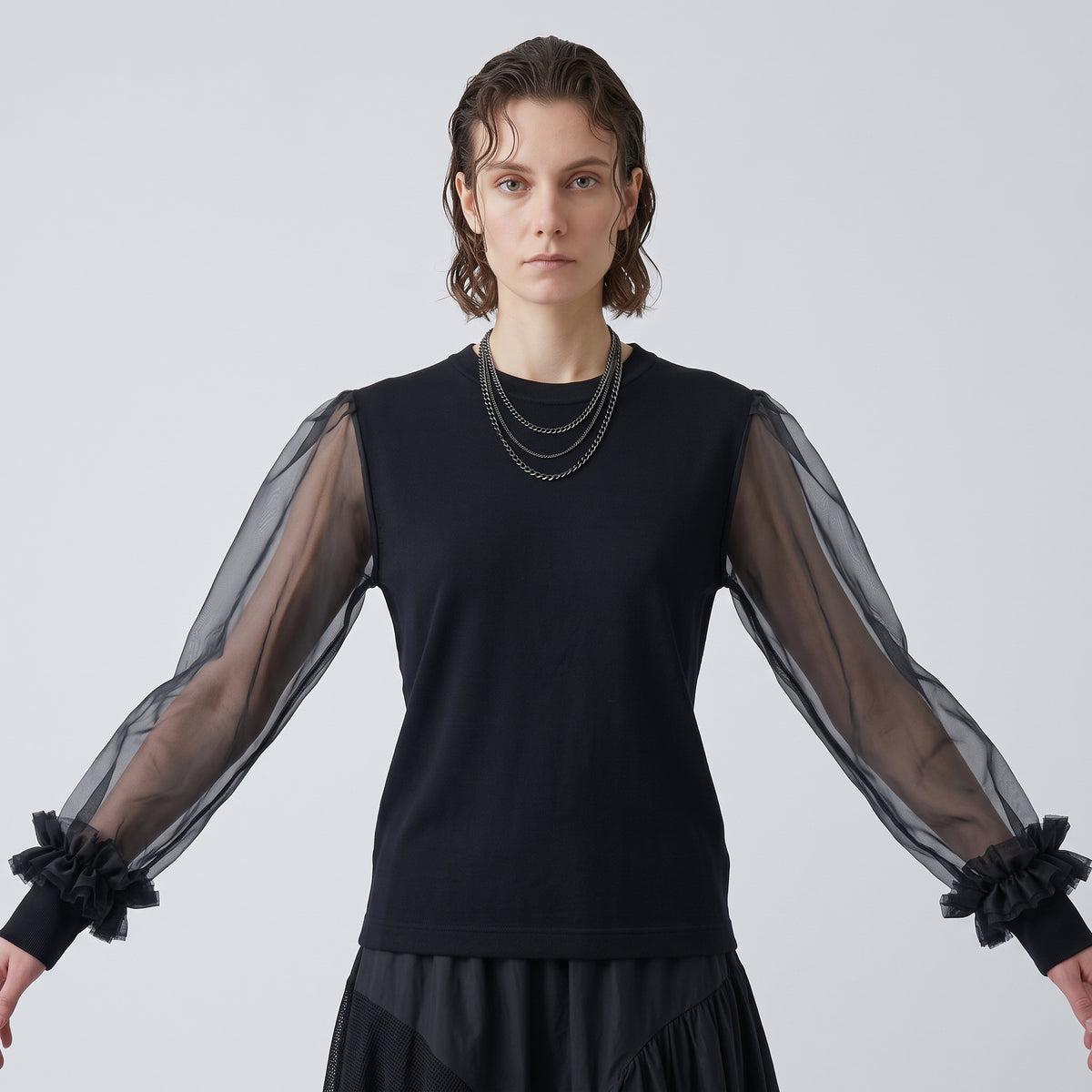 Sheer Sleeve Black Pullover