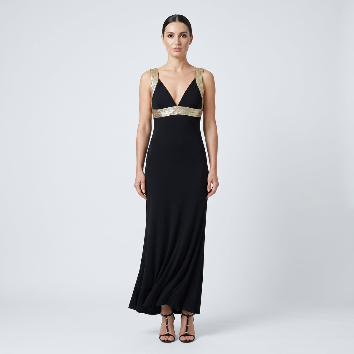 Metallic Trim Black Maxi Dress