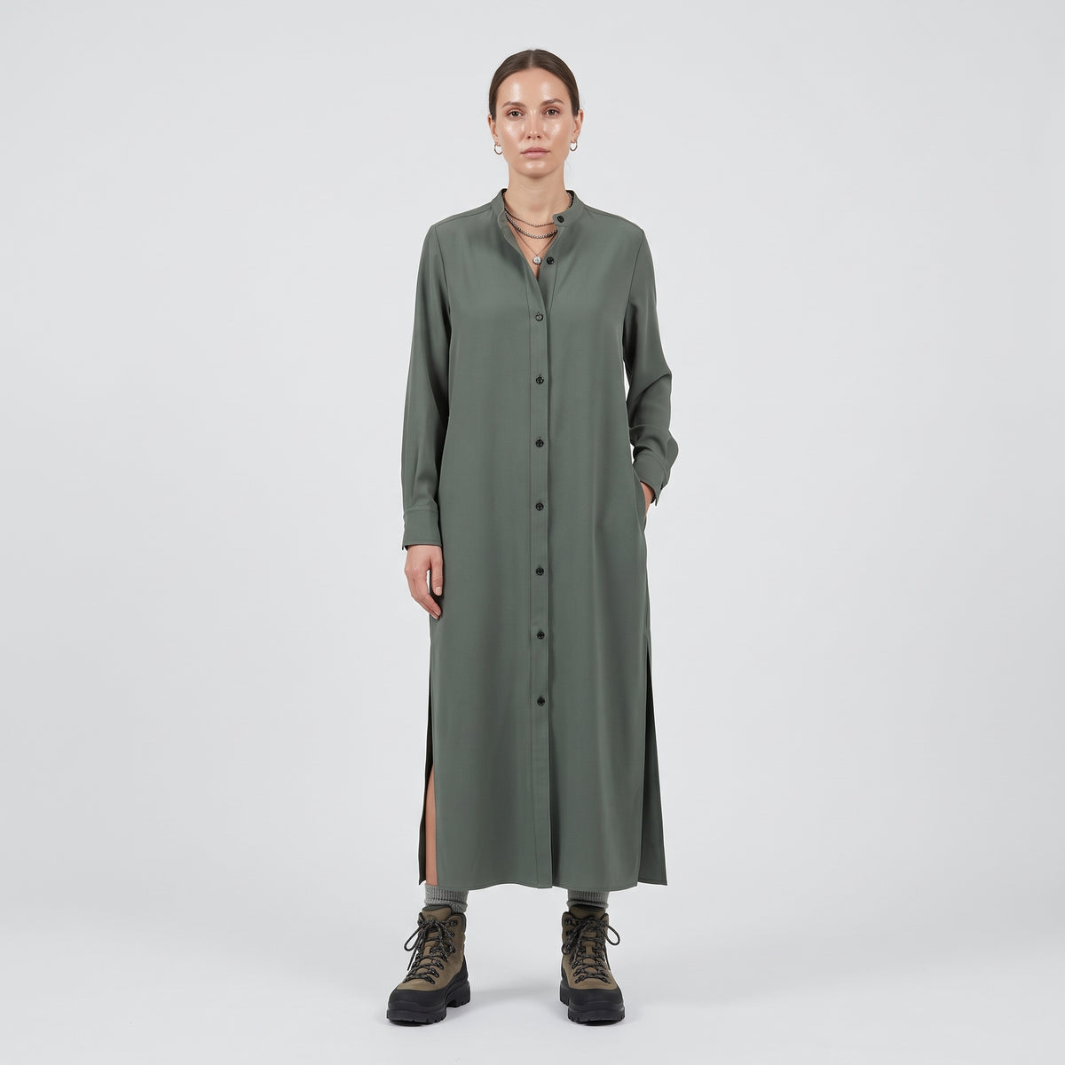 Band Collar Midi Shirt Dress