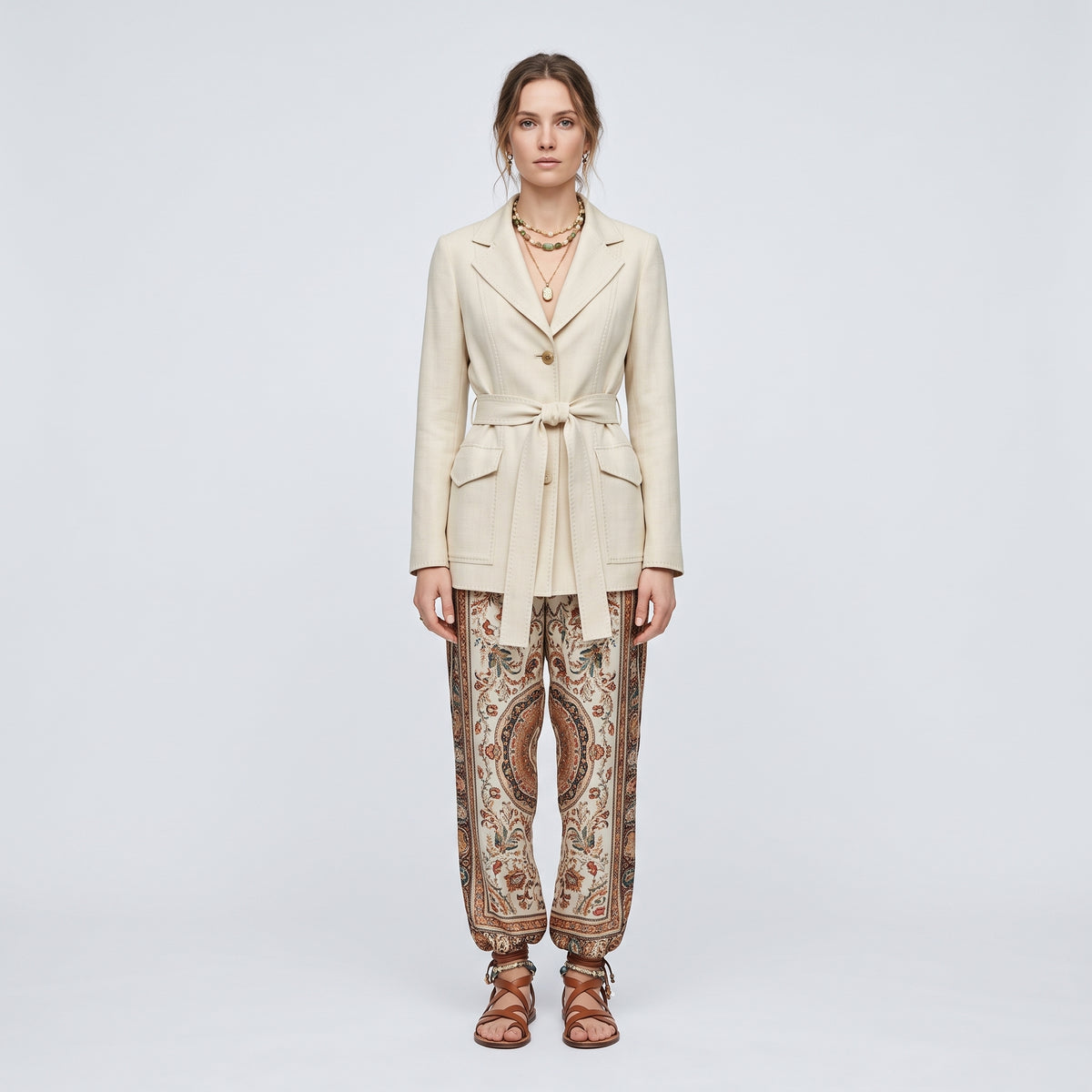 Belted Light Cream Tailored Jacket