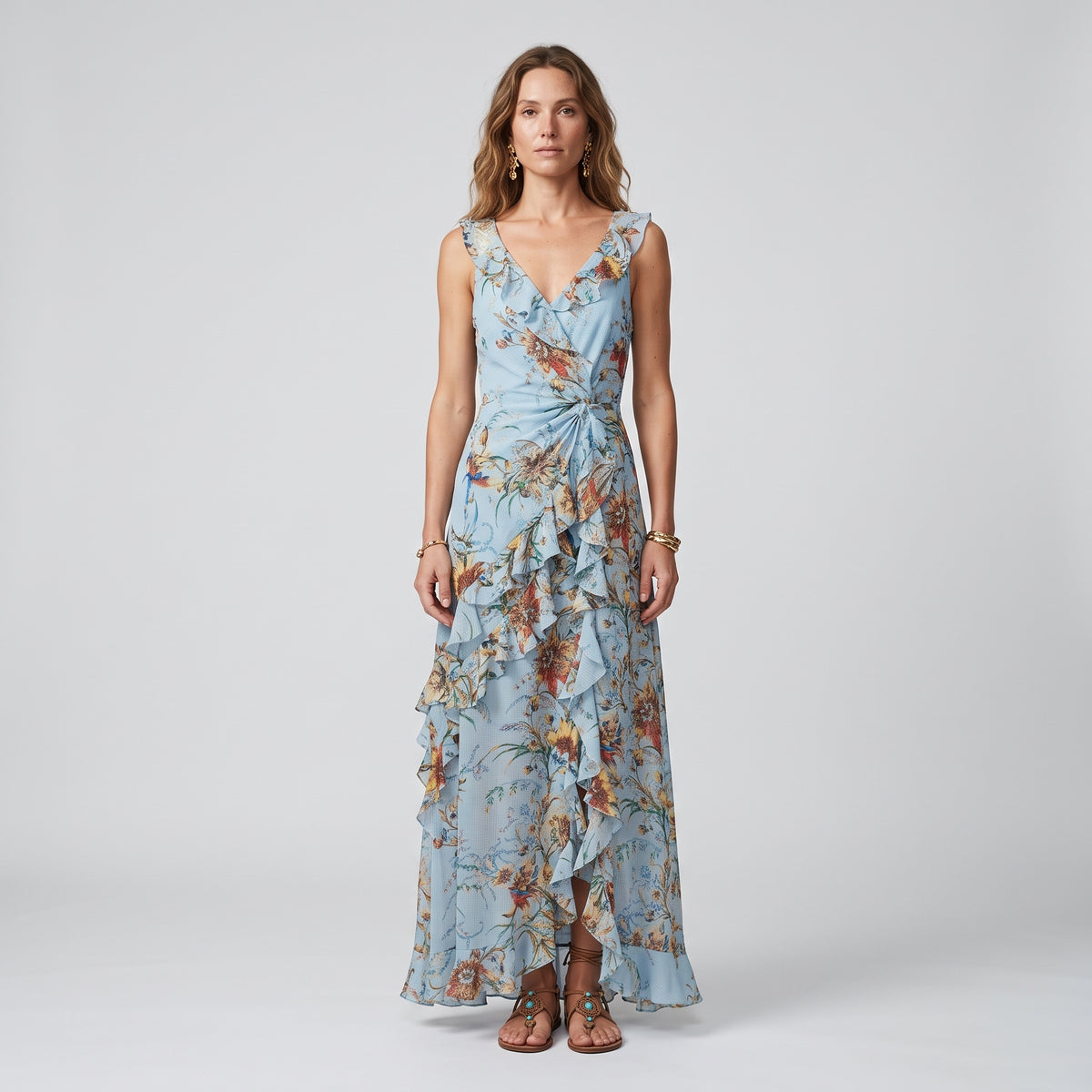 Blue Floral Ruffle Maxi Dress