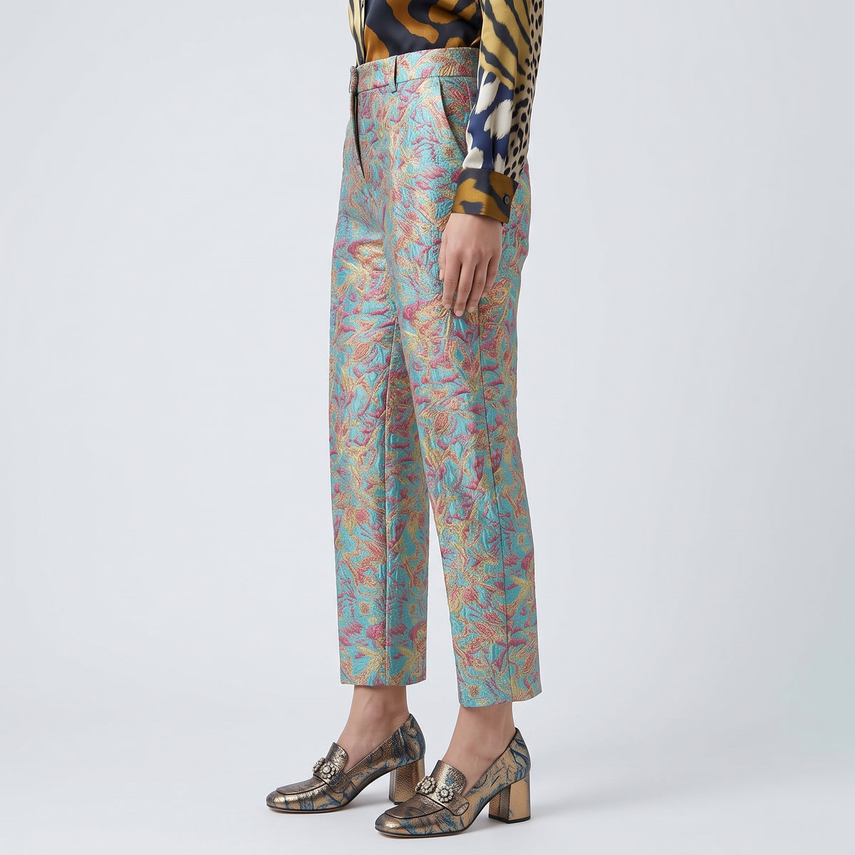 Metallic Turquoise Jacquard Trousers