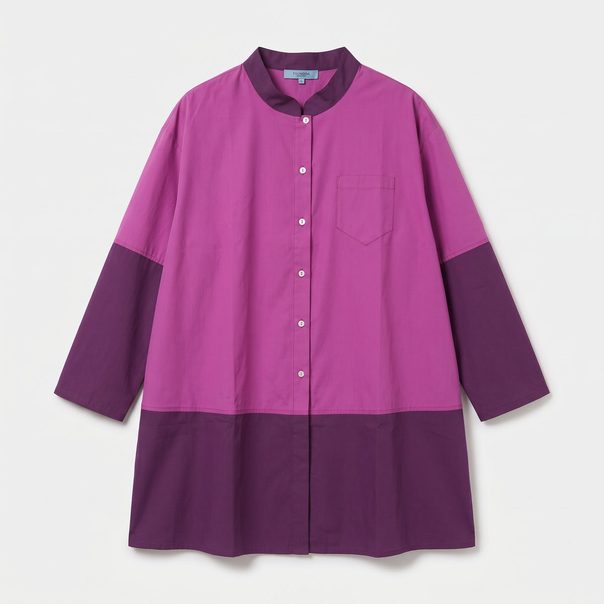 TSUNODA Color-Blocked Purple Band-Collar Shirt