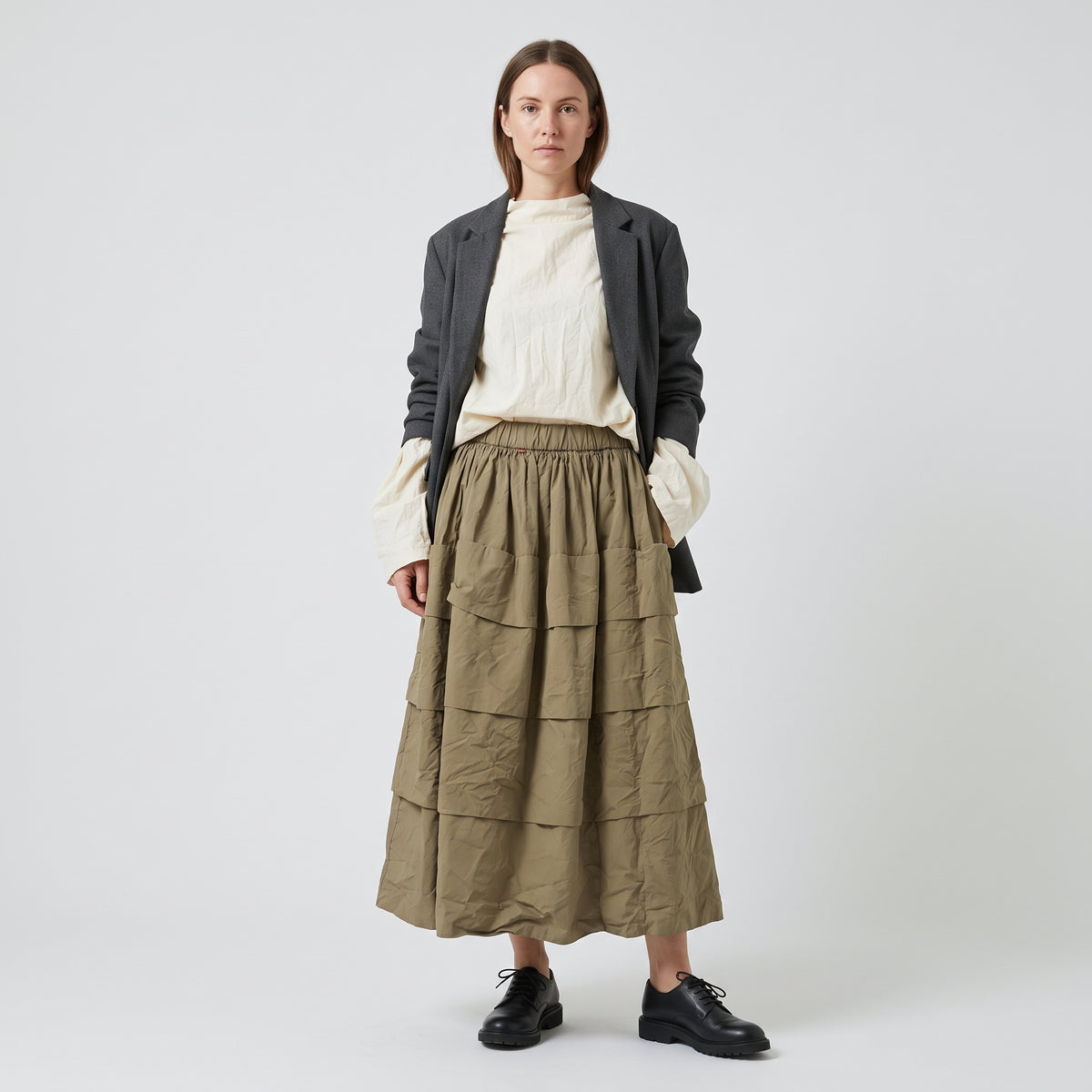 Tiered Khaki Midi Skirt