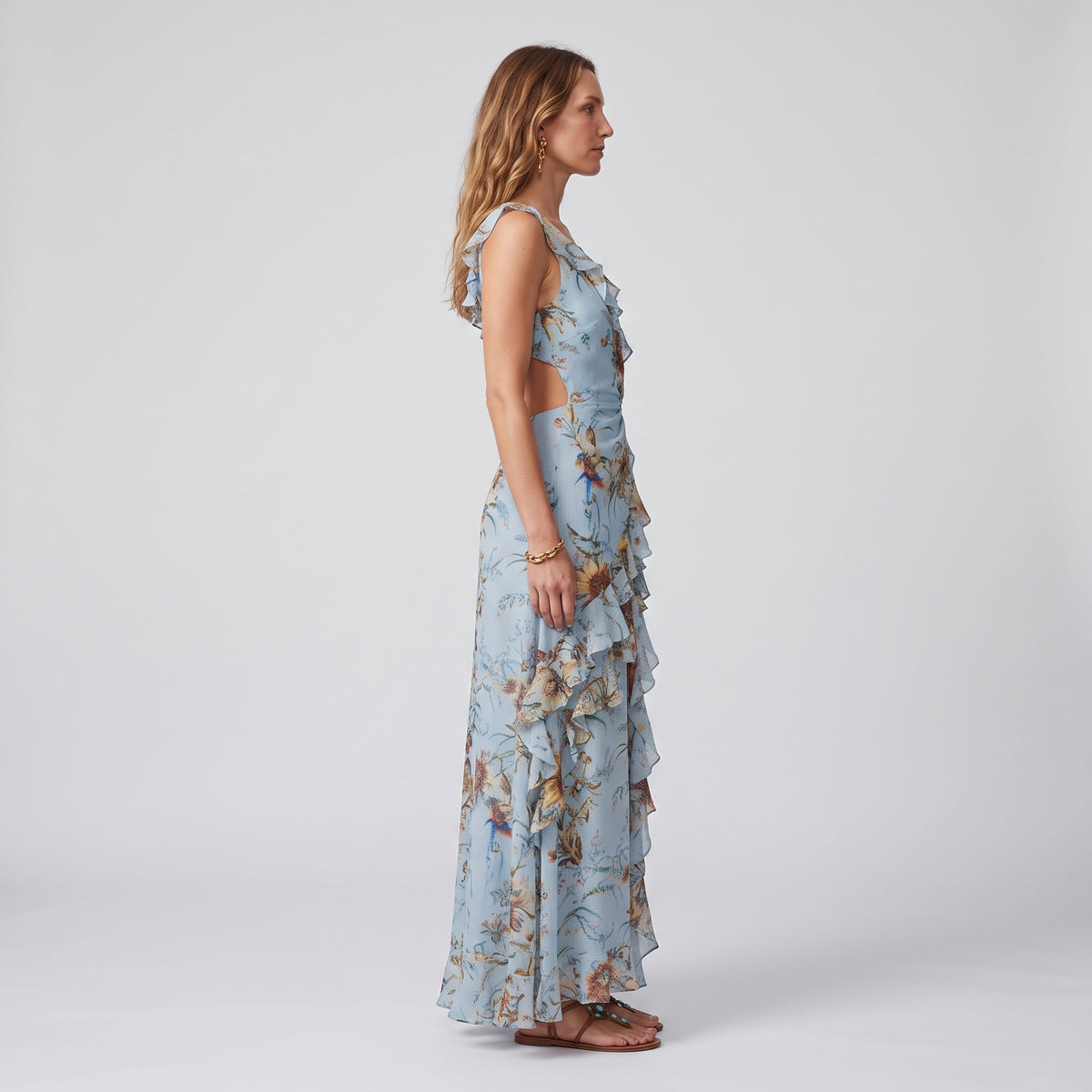 Blue Floral Ruffle Maxi Dress