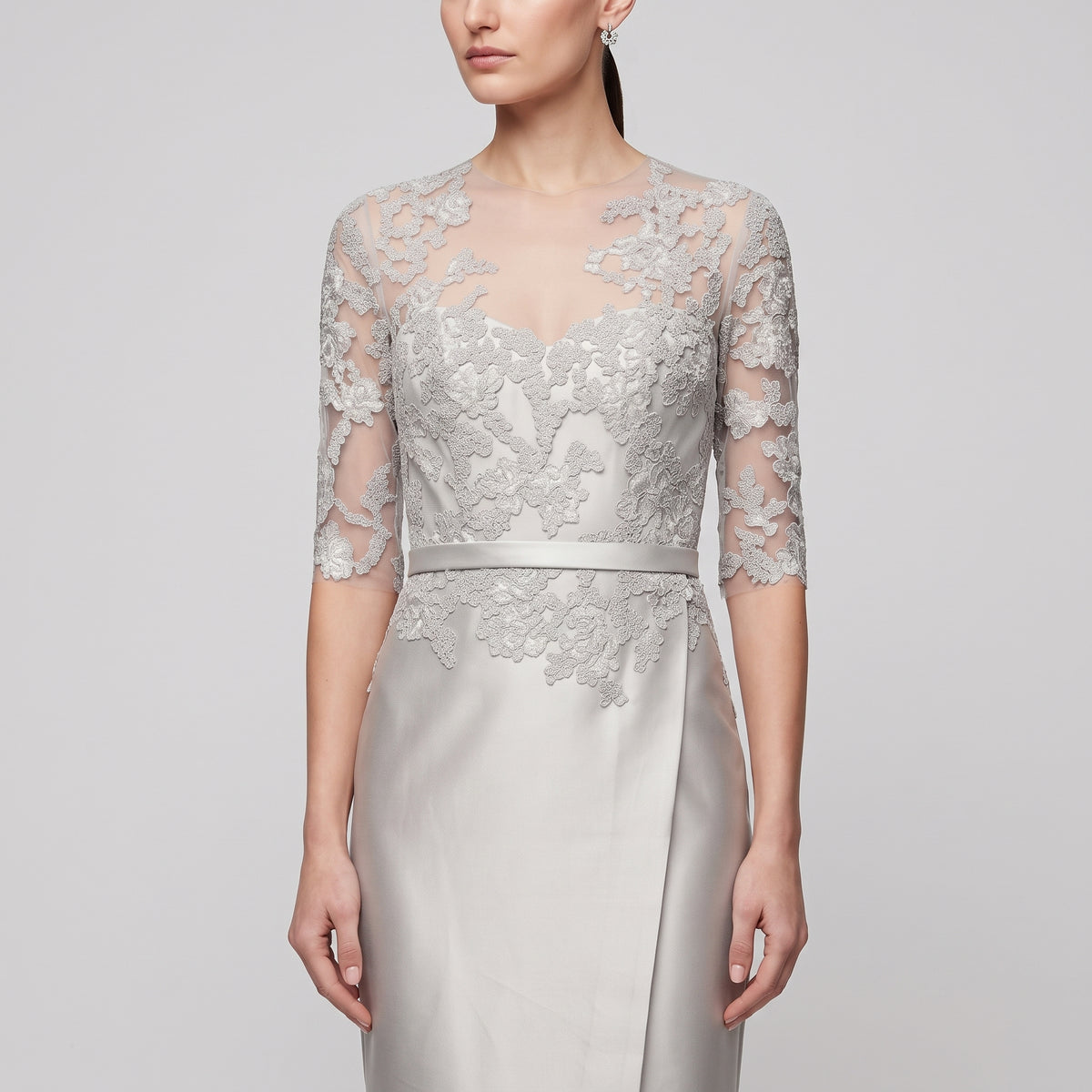 REEM ACRA Silver Lace Appliqué Evening Gown - view 2