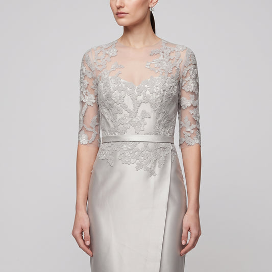 REEM ACRA Silver Lace Appliqué Evening Gown - view 2