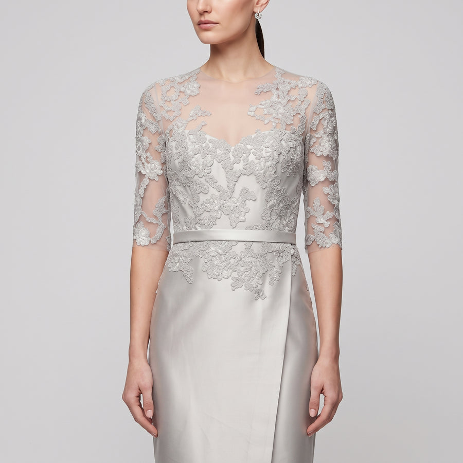 Silver Lace Appliqué Evening Gown