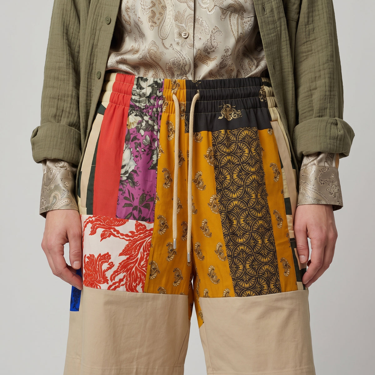 Patchwork Cotton Drawstring Shorts