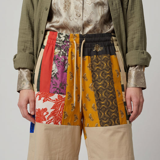Patchwork Cotton Drawstring Shorts