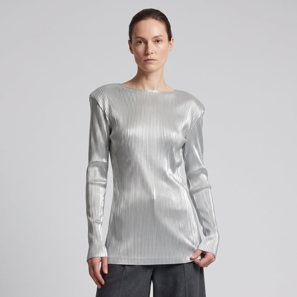 ACT N1 Silver Metallic Pleated Top - view 2