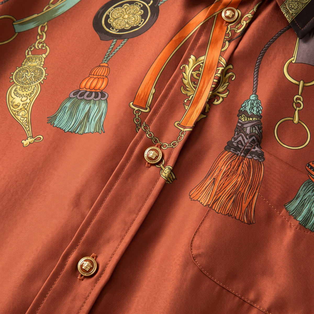 Orange Silk Tassel Print Shirt