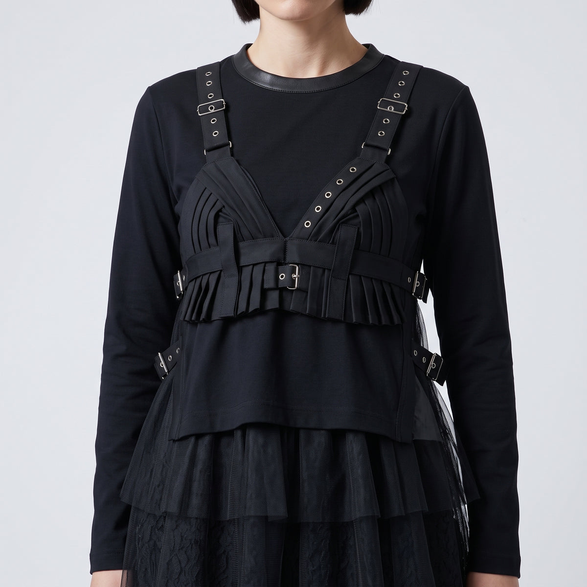 Buckled Tulle Hem Knit Top