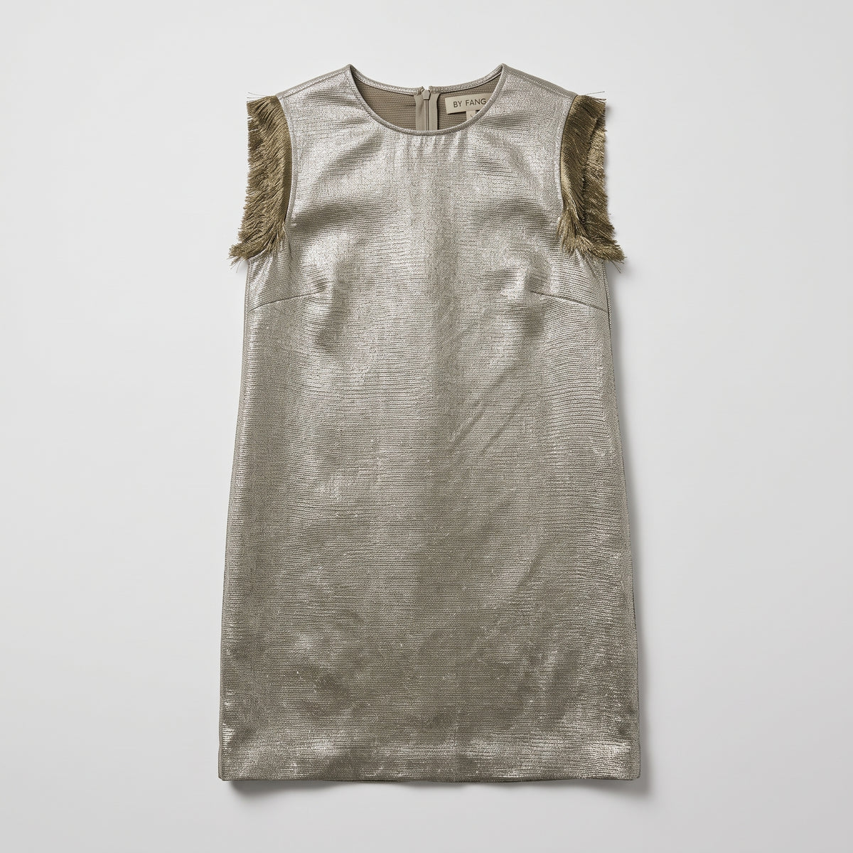 BY FANG Metallic Gold Fringe Shift Dress