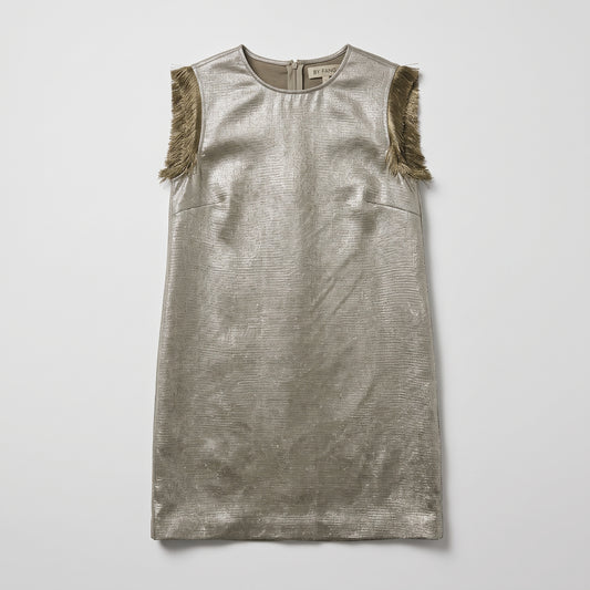 BY FANG Metallic Gold Fringe Shift Dress