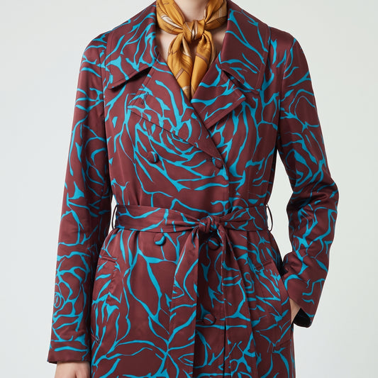 Burgundy Floral Belted Trench Coat