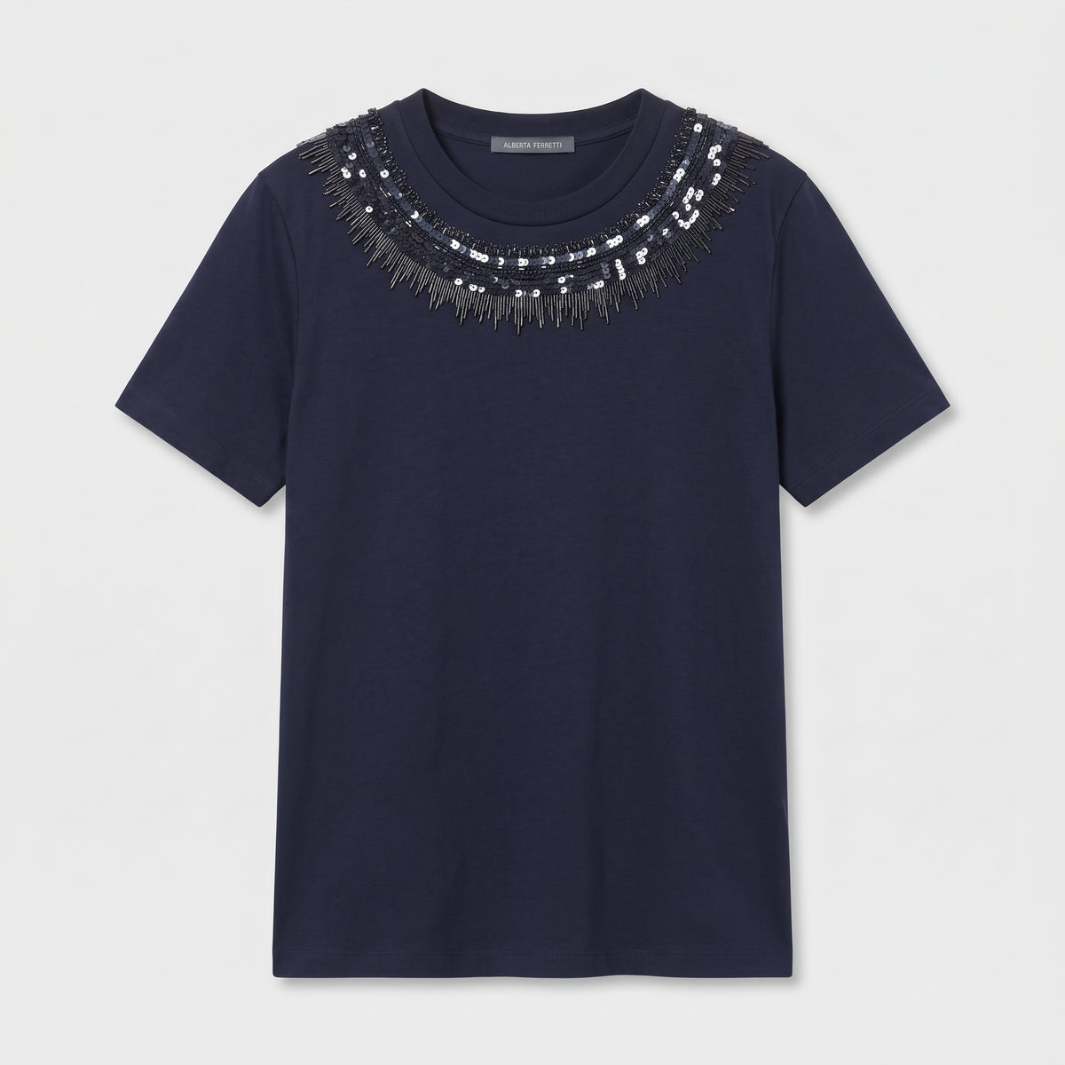 Embellished Neckline Navy T-Shirt
